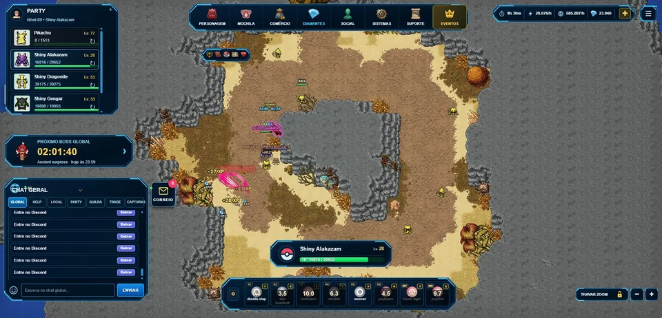 Interface do Poké Idle Online com área de chat e equipe