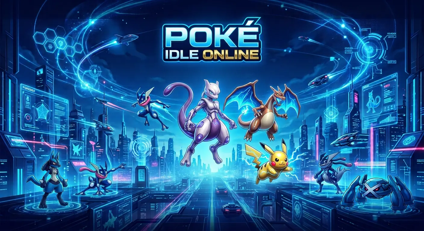 Poké Idle Online: Pokémon em uma cidade azul neon